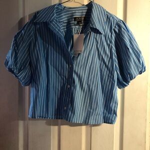 J. Crew Blue and White Striped Button-Front Shirt with puffy short sleeves